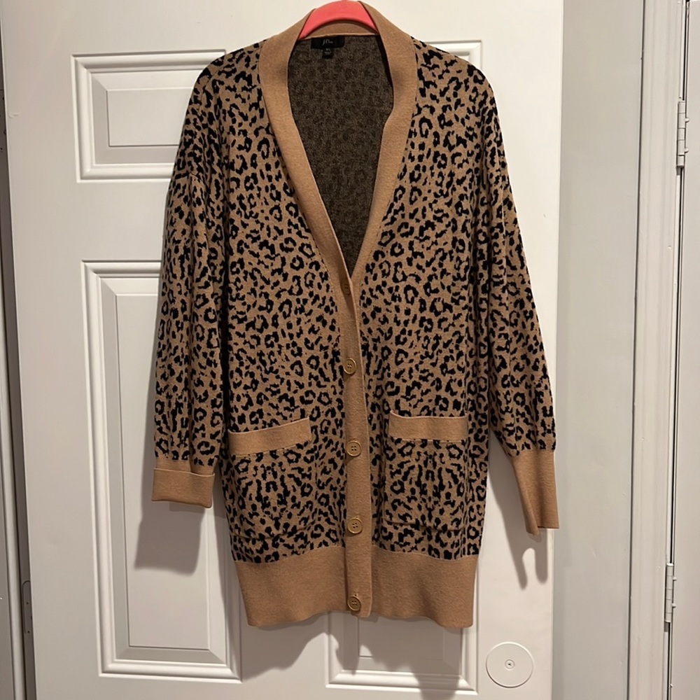 J Crew Leopard Cheetah button down cardigan sweater size XL